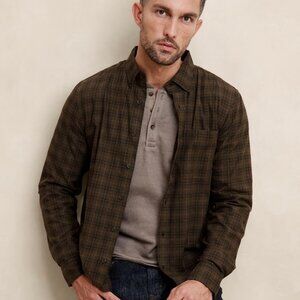Banana Republic Factory Mens Slim Lightweight Flannel Shirt L Olive Green Plaid